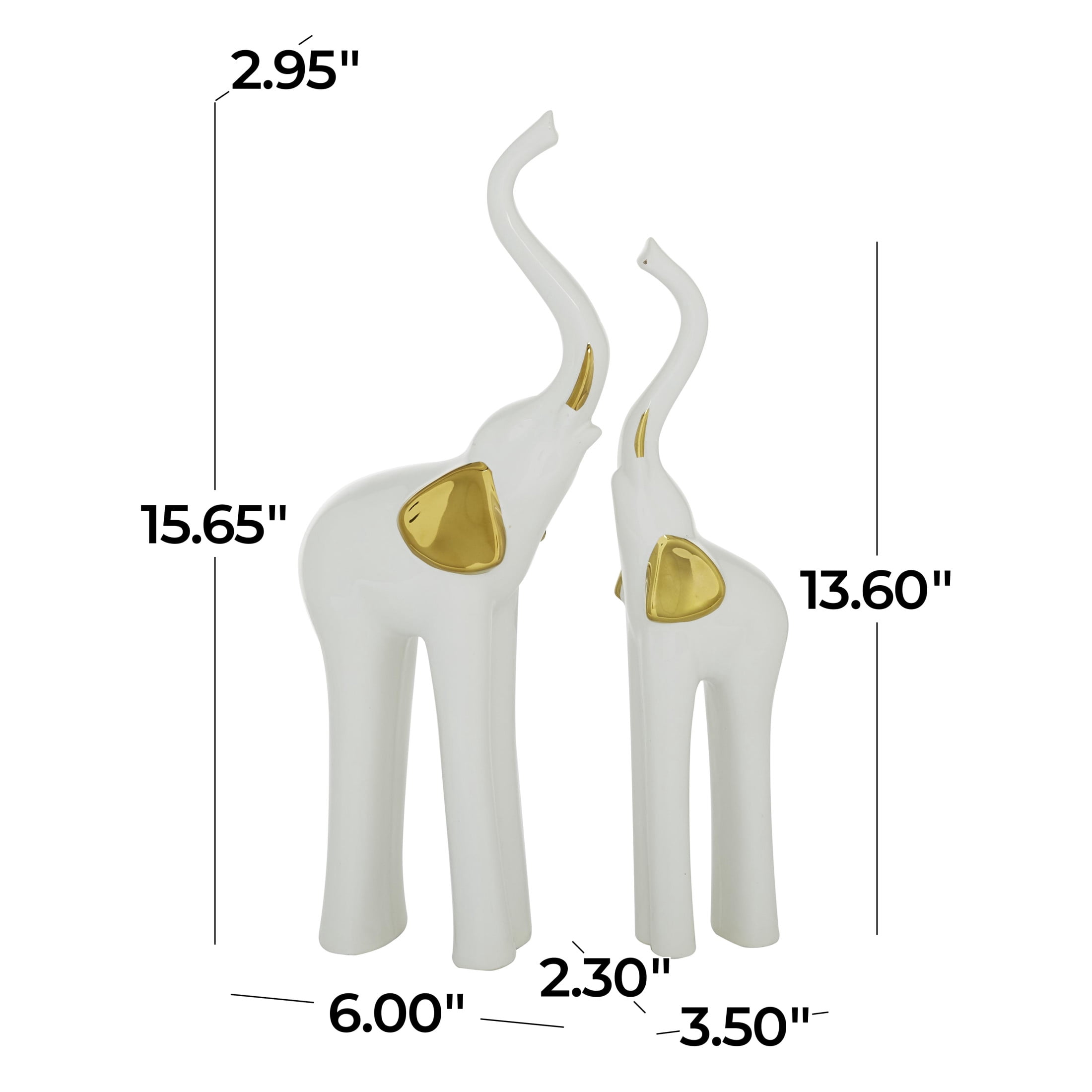 4"W, 14"H Gold Porcelain Ceramic Elephant Sculpture, by DecMode (2 Count)