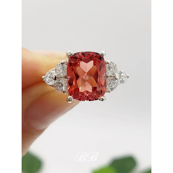 9x7mm-10x8mm Lab Orange Padparadscha Sapphire Elongated Cushion Cut, Multi-Stone Ring, Sterling Silver