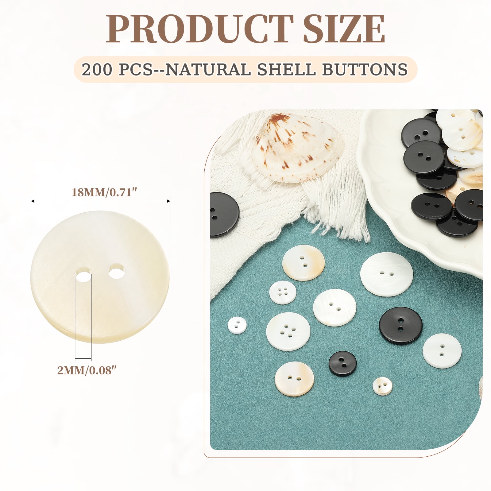 200Pack Natural Shell Button, 2 Hole 18mm Mother of Pearl Buttons, White