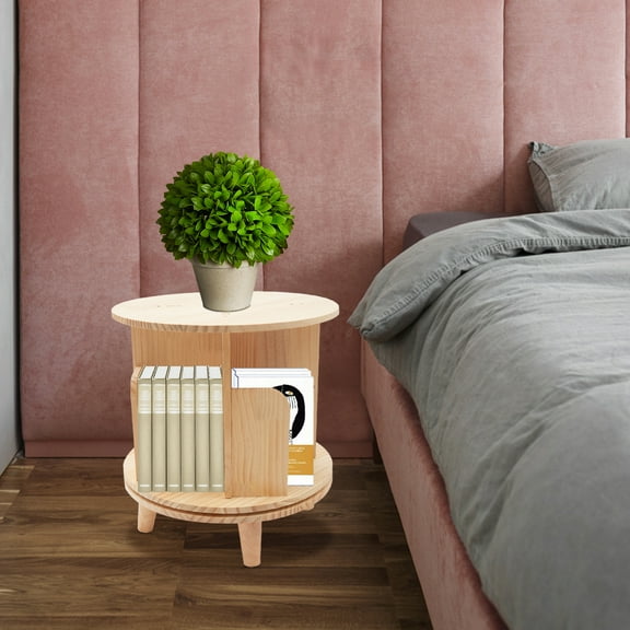 Wildnix Revolving bookstand made of New Zealand pine wood, four compartments for organized storage, strong load-bearing (110lbs), space-saving design, perfect for books, potted plants, and decor