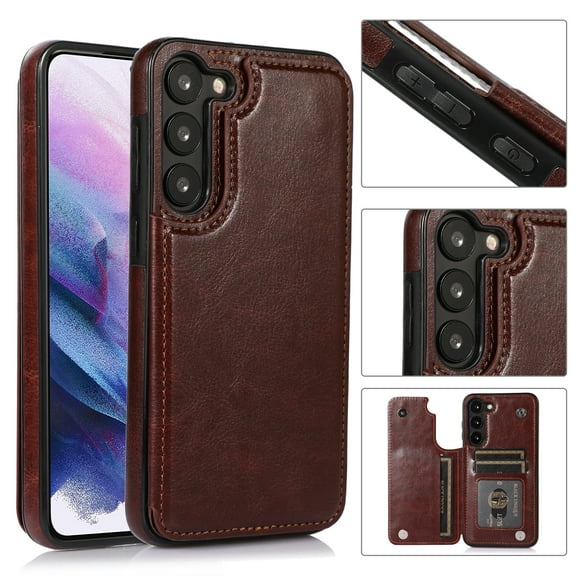 Wallet Case for Samsung Galaxy S24 with Card Holder, Back Folio Flip Premium PU Leather Kickstand Card Slots Case, Double Strong Magnetic Clasp Durable Shockproof Phone Case,Brown
