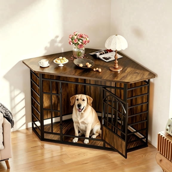 Fowroa 52 Inch Wooden Corner Dog Crate Furniture, Indoor Decorative Dog Kennel for Medium & Large Dogs, Brown