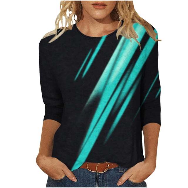 Hauts à Manches 3/4 pour Femmes Confortables et Décontractés Femmes Manches 3/4 Imprimé Col Rond Chandail Hauts Blouse T-Shirt Robe T-Shirt Femmes T-Shirts d'Été pour Femmes