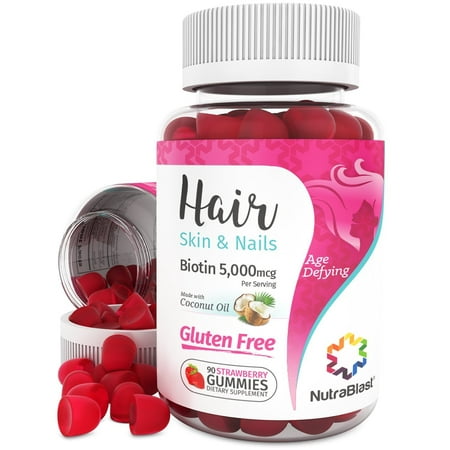 NutraBlast Biotin 5000 mcg Enhanced with Coconut Oil - Hair, Skin and Nails Vitamins - Made in USA (90 Strawberry