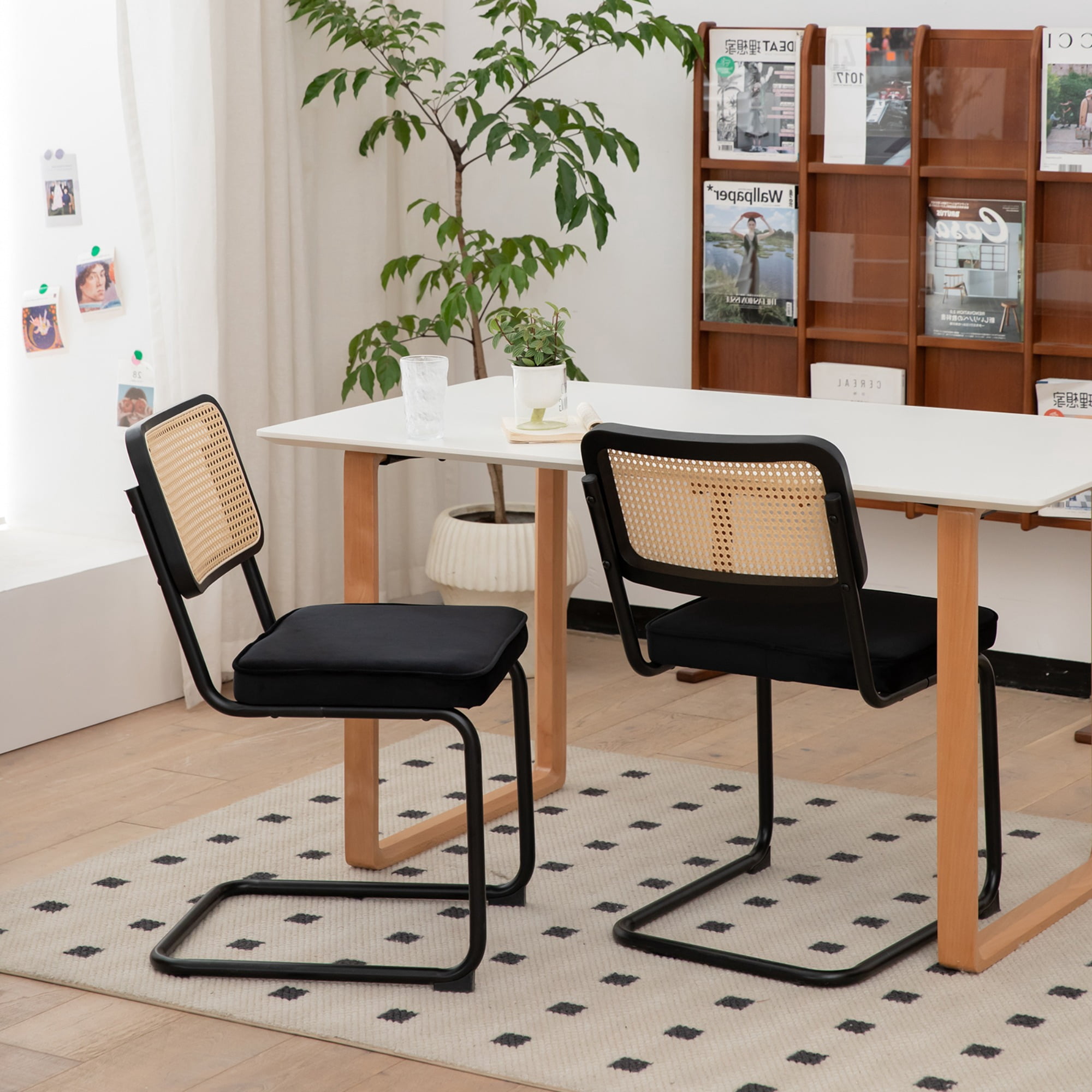 JXXRZ Rattan Dining Chairs Set of 2, Mid Century Modern Kitchen Side Chairs for Dining Living Room, Velvet Upholstered Dining Chairs, Black