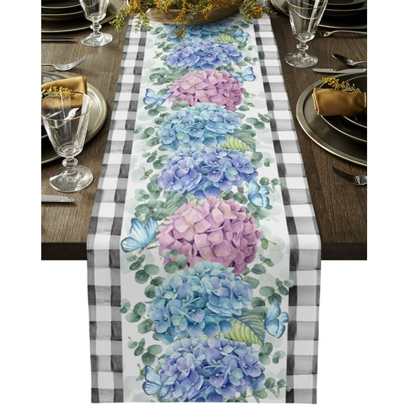 Table Runner Dresser Scarves 70 Inch Long, Watercolor Hydrangea and Foliage Linen Dining Table Runners Blue Purple Floral and Plaid Tabletop Scarf for Wedding Holiday Party Kitchen
