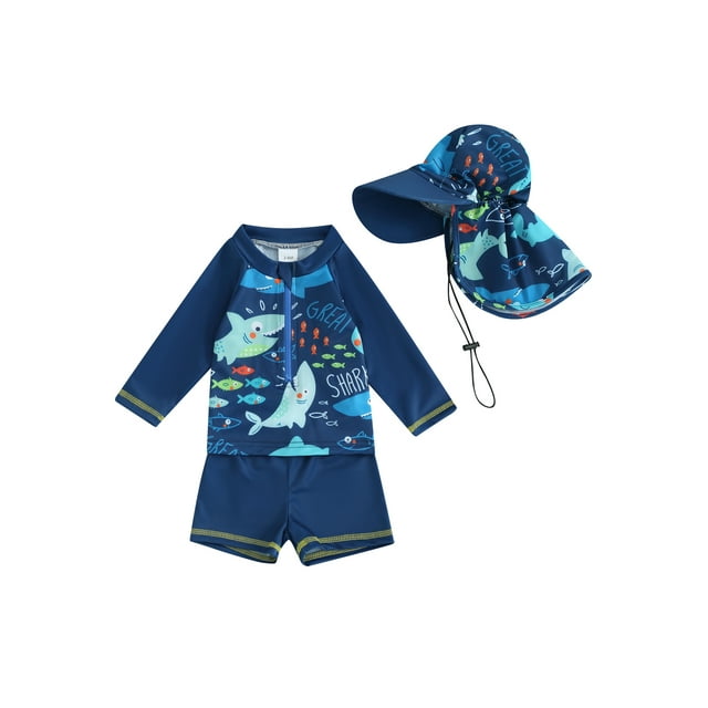 WIFORNT Baby Boy 3Pcs Rash Guard Swimsuits Cute Fish Print Long Sleeve Zip Up Bathing Suit Swimwear
