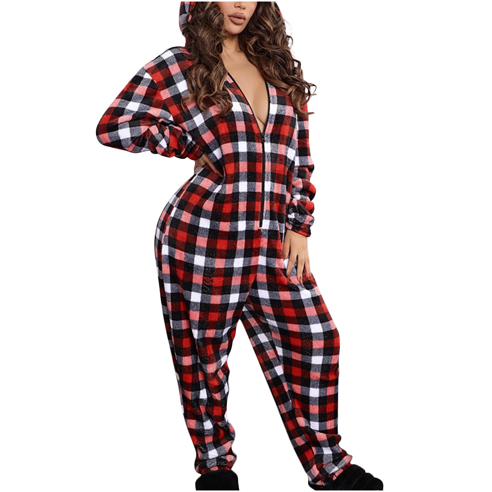 jovati Sexy Christmas Pajamas for Women Womens Fashion Casual Hooded Padded One Piece Pajamas Plaid Print Christmas Homewear