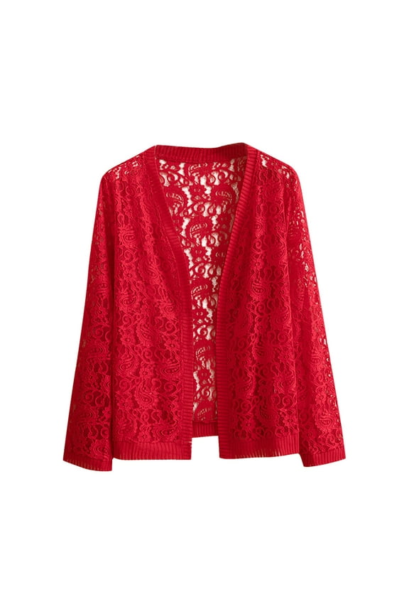 Women's Lace Open Front Cardigan Lightweight Sheer Long Sleeve Bolero Shrug Hollowed-Out Jacket Fashion Trendy Tops