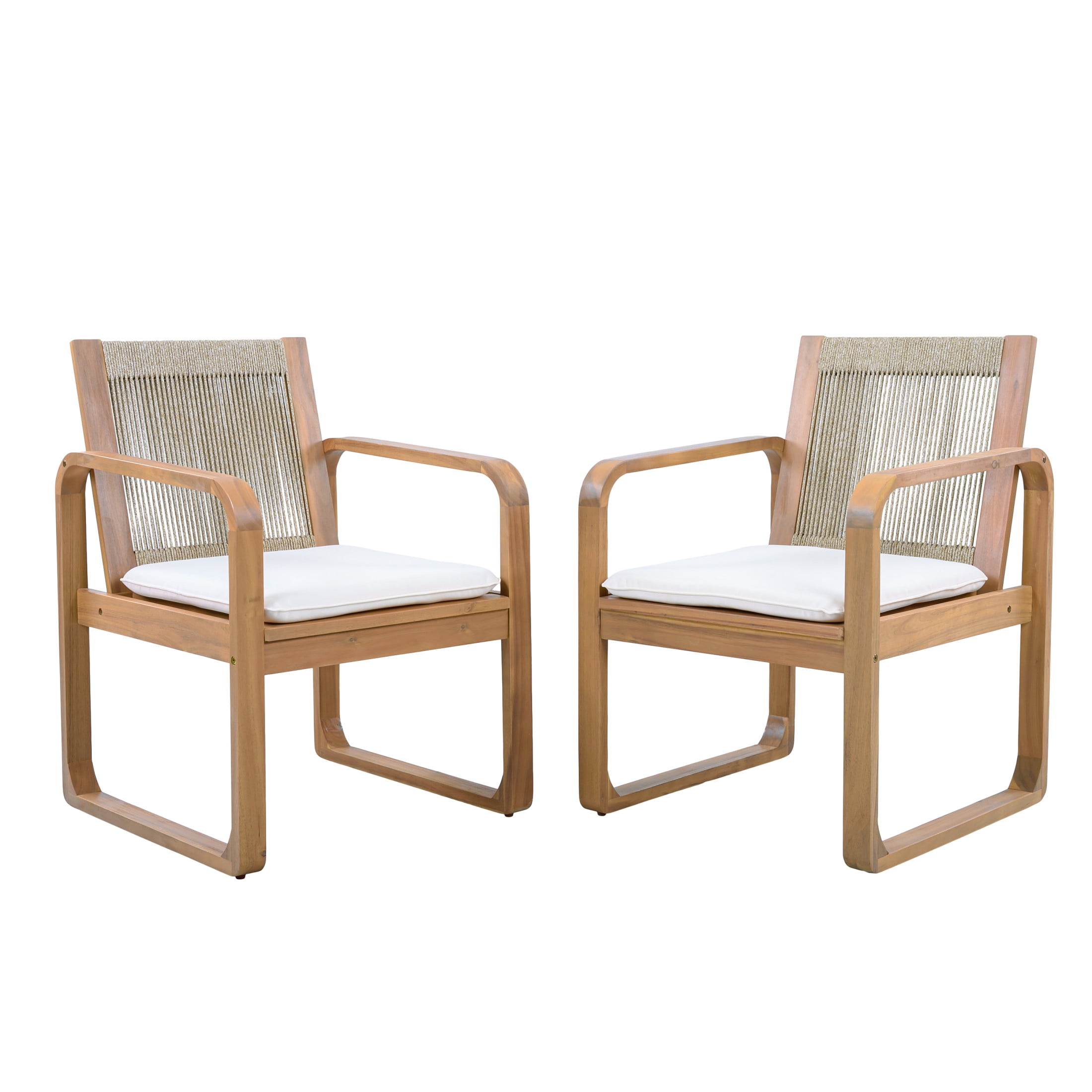 Christopher Knight Home Outdoor Light Teak Wood Dining Chairs with Beige Cushions, Rope Back, Set of 2