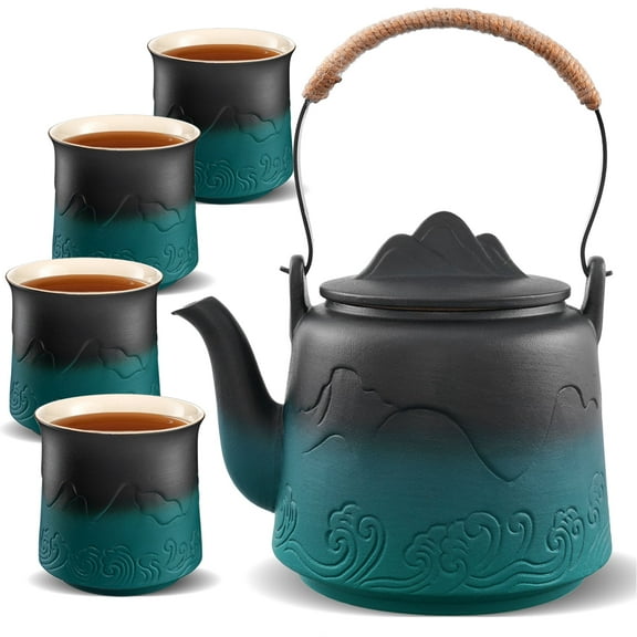 ZENS Japanese Tea Set with Infuser, Modern Bentwood Handle 27 oz Matte Ceramic Loose Leaf Teapot with 4 Cups & RattanCoasters for Tea Lover Gift