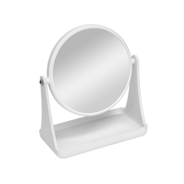 Mainstays Clear Double-Sided Vanity Mirror with white plastic frame and built-in tray, featuring a 360-degree rotating round mirror with 1x and 3x magnification, suitable as a cosmetic mirror and vanity accessory for organizing makeup and jewelry.