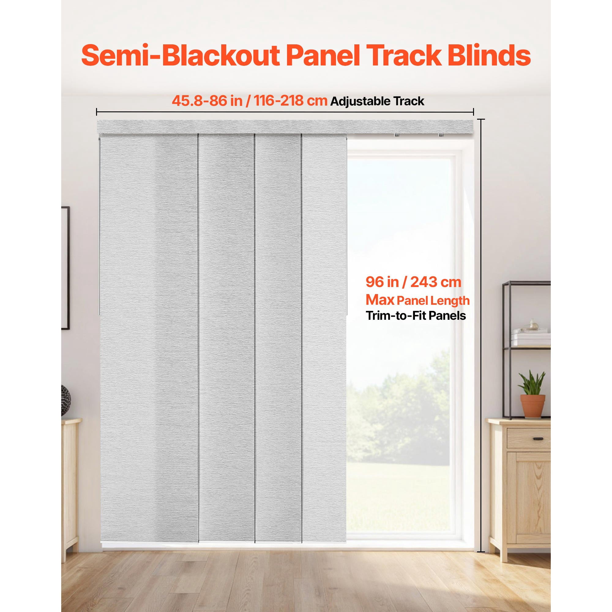 KFFKFF Adjustable Panel Track Blinds, Extendable Track 45.8-86 in W, Customizable Panel Curtains Up to 96 in H, Vertical Blinds for Sliding Doors, Patio Doors, Room Dividers, Windows, Gray