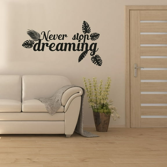 Never Stop Dreaming Quote Beautiful Palm Leaves Silhouette Palm Tree Leaves Decor Vinyl Wall Art Sticker Wall Decal Home Kids Nursery Room Study Room Boys Girls Wall Decor Design Size (22x30 inch)