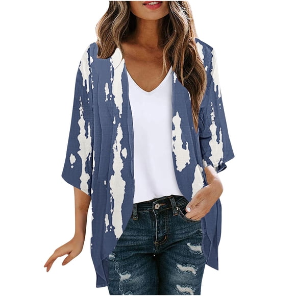 Brnmxoke Womens Colorful Cardigan Summer Casual Printed Chiffon Kimono Cardigans Open Front Boho Cover Up 3/4 Sleeve Blouse for Swimwear Beachwear Blue,XXL