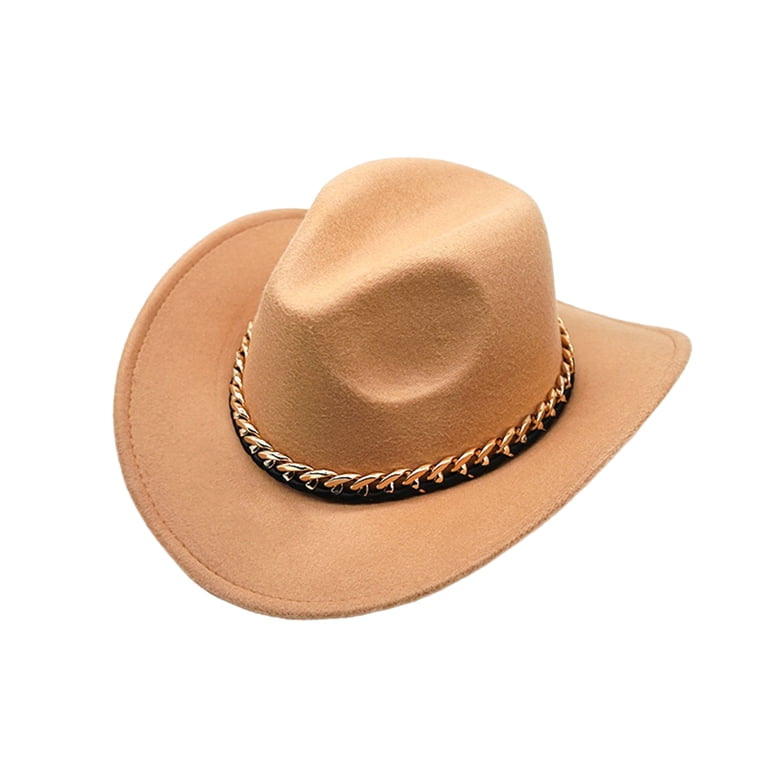 Elegant Tan Wide-Brim Hat with Chain Detail Wide Brim Felt Fedora Hats With Rope Chain Belt – Boots N  main image 4