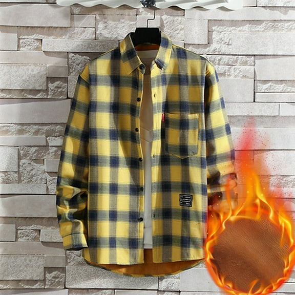 Herrnalise Men's padded and thickened warm plaid shirt fall and winter jacket Yellow
