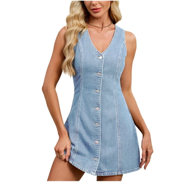 Denim Dress for Women, Sleeveless V-Neck Backless Button-Front Mini Dress with A-Line Flared Skirt in Washed Blue for Casual Summer Style
