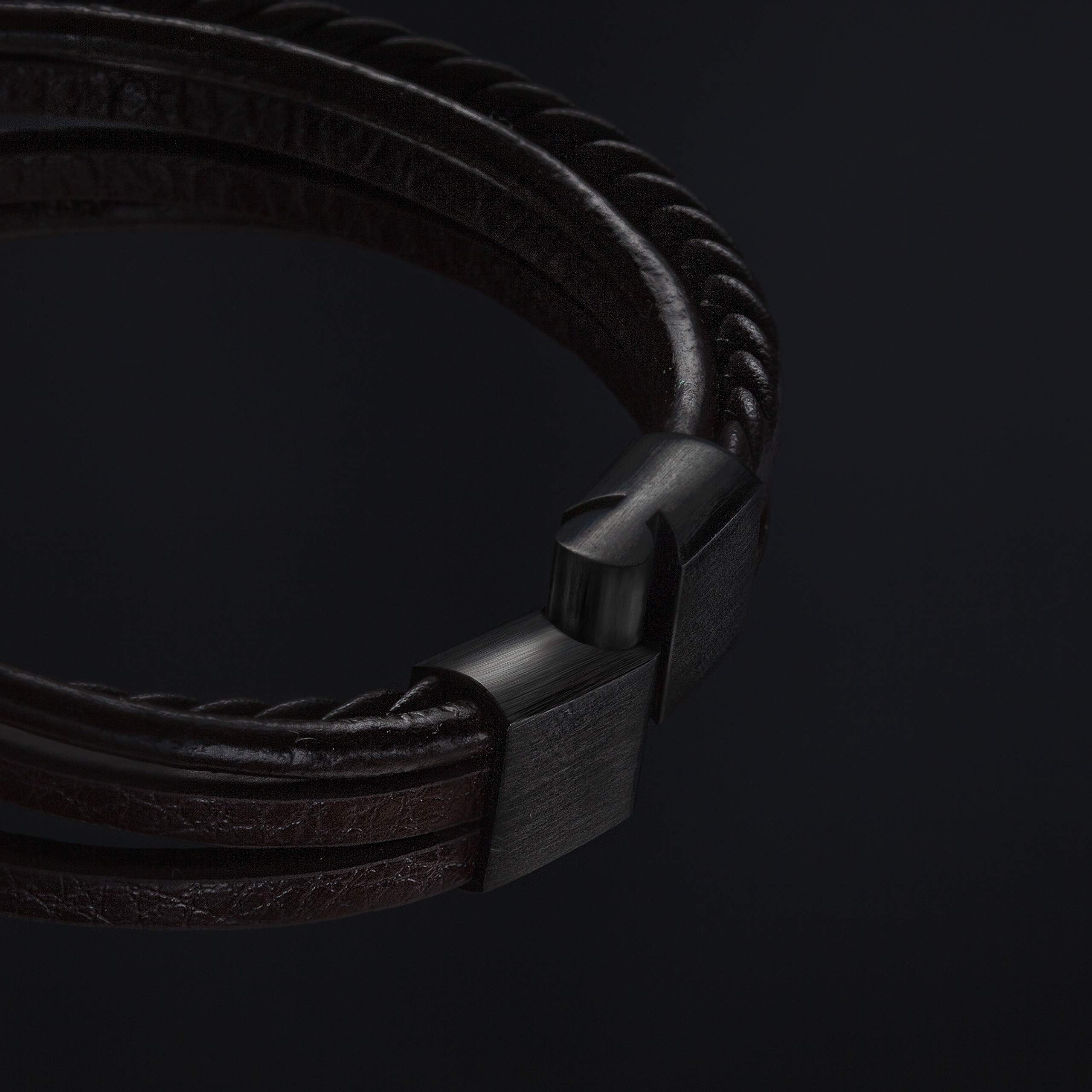 SERASAR Men's Genuine Leather Bracelet "Braid" with stainless steel magnetic closure, Brown 21cm, including gift box