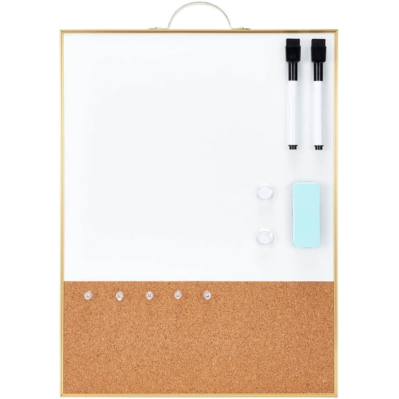 Small Combination Board - 16" X 12" Portable Aluminum Gold Framed Magnetic Dry Erase for Wall, Bulletin Cork with Holder Office, Home and School