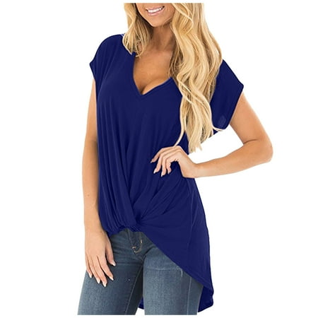 

kakina CMSX 3/4 Sleeve Shirts for Women Plus Size Fashion Summer V-Neck Solid Short Sleeve Sexy Top Plus Size Blouses Dressy Blue XL