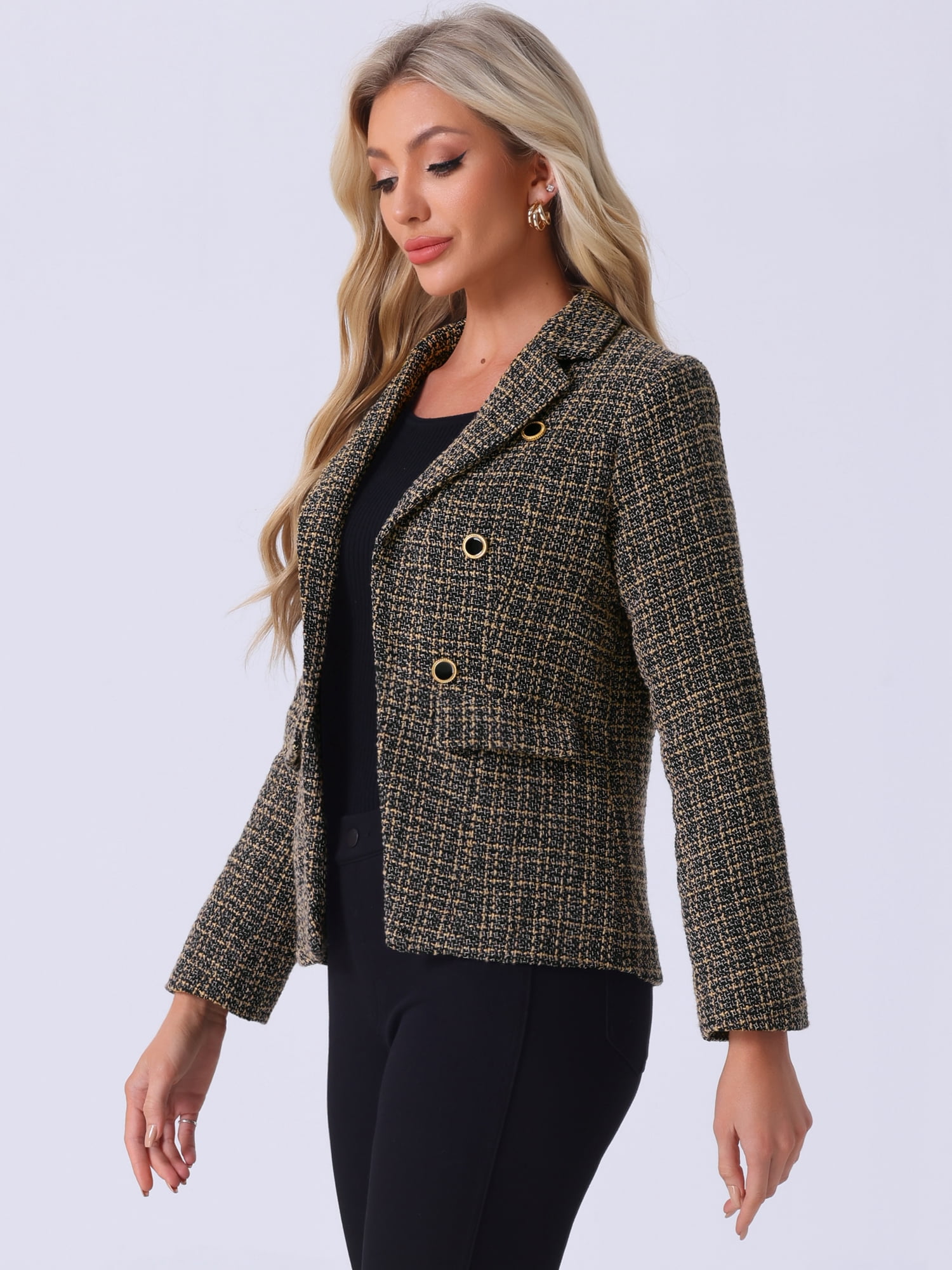 DARING DIVA Women's Plaid Blazer Notch Lapel Tweed Jacket XS Brown