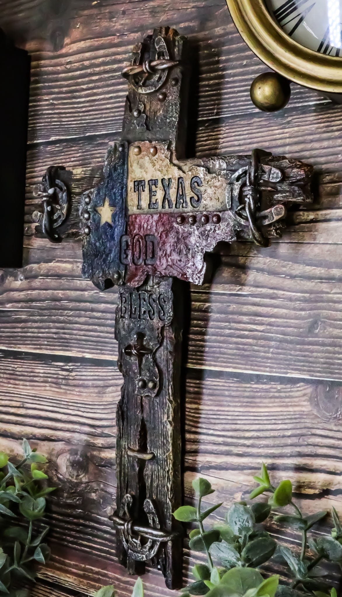 Rustic Western Lone Star Texas State Flag Wall Cross With Driftwood Finish Look