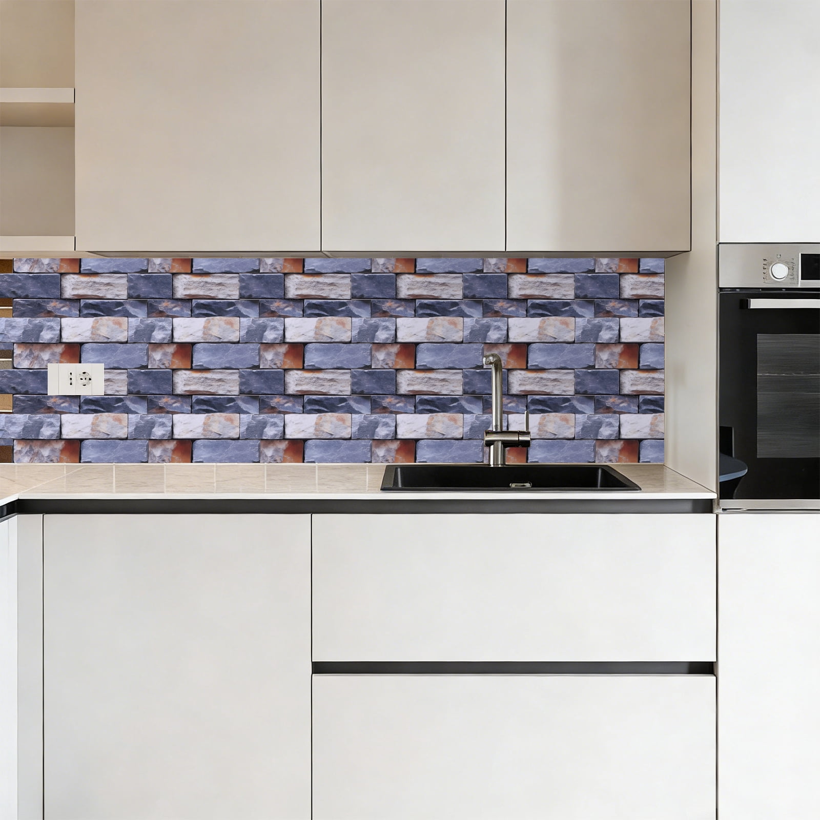 Uxcell 10Pcs Peel and Stick Backsplash Tiles 10.6" x 10.6" 3D Thickened Stone Texture Self-Adhesive Tile Stickers Wallpaper Wall for Kitchen Bathroom Bedroom, Green Gray