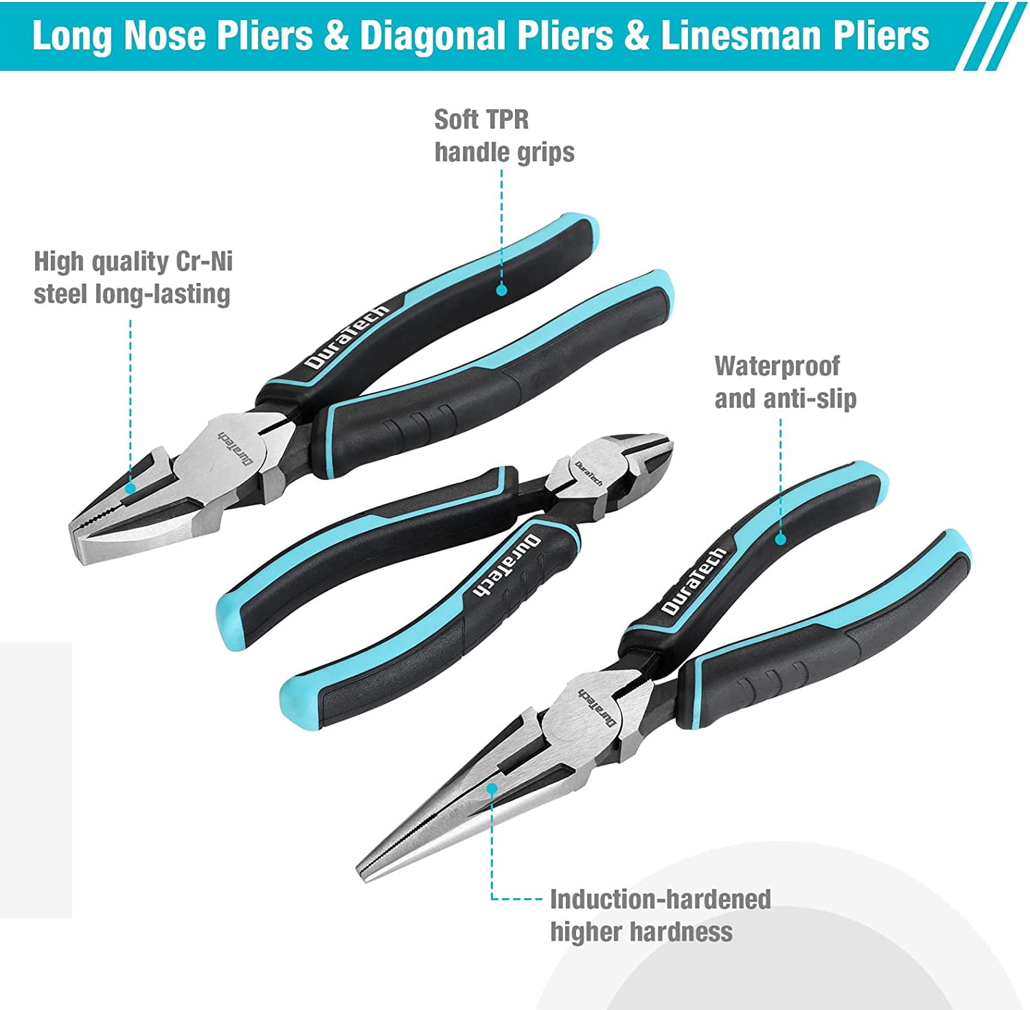 7-Piece Pliers Set with Rolling Pouch, Premium Cr-Ni Construction (10", 8" Groove Joint Pliers, 8", 6" Long Needle Nose, 8" Linesman, 6" Slip Joint, 6" Diagonal) for Basic Repair