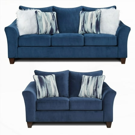 Modern Navy Blue Fabric 2-Piece Living Room Set (Sofa and Loveseat)