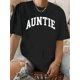 thumbnail image 1 of Camiseta para mujer verano cuello redondoWomen's Retro Casual Graphic Tee - "Auntie" Print, Short Sleeve, Crew Neck, Black Polyester T-Shirt for Summer, Relaxed Fit Tee | Retro Style Tee | Glossy Te, 1 of 6