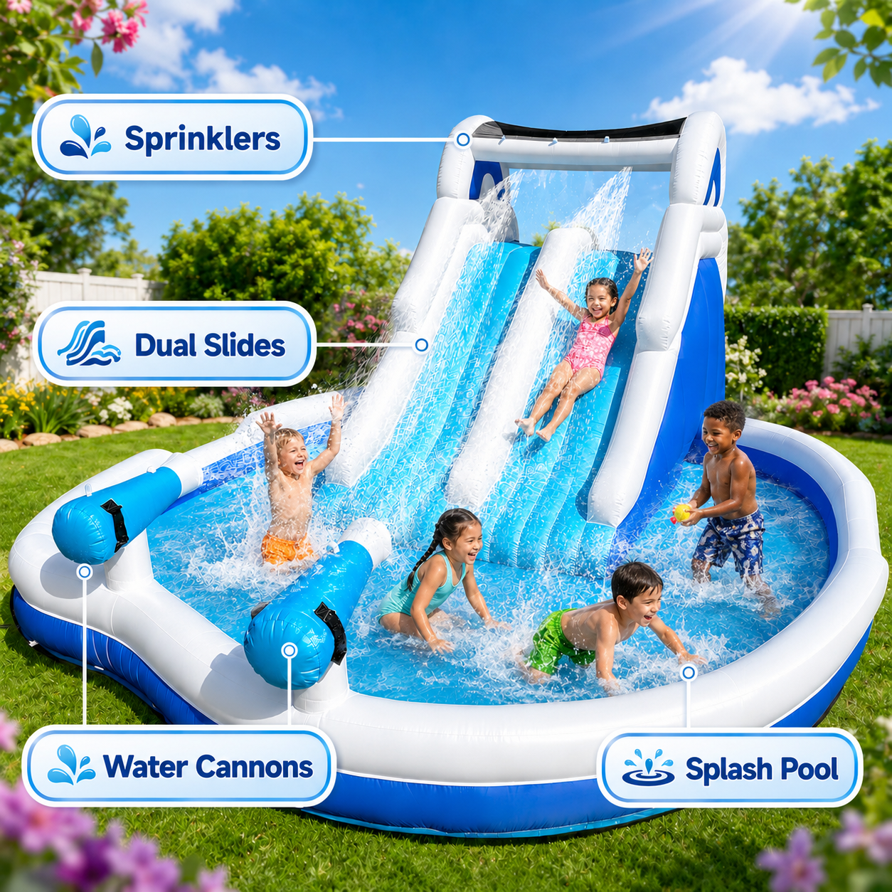 Inflatable Double Water Slide with Climbing Wall & Large Splash Pool - Backyard Kids Water Park with Blower & Accessories, Blue & White
