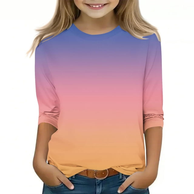 LWFFDAW 3/4 T-Shirts à Manches pour Filles, Décontractés, Col Rond, Graphiques Dégradés Tendance, Confortables, Légers, pour Sortir, pour 3-12 Ans