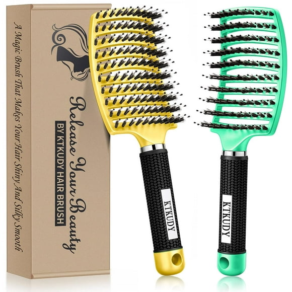 KTKUDY Detangling Brush Getting Knots Out without Pain - Boar Bristles Hair Brush Make Hair Shiny & Healthier Vented Detangler Brush for Women Men Kids Wet and Dry Hair (Yellow & Green)