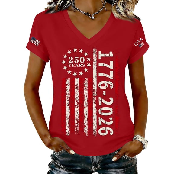 ASDFVBKG 250 Years American Flag Shirt for Women Short Sleeve V Neck 4th Of July Tops Independence Day Patriotic Trendy Tshirt Red L