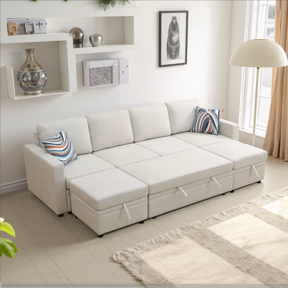 MAYEERTY Off-White Sackcloth 6-Piece Living Room Sofa Bed