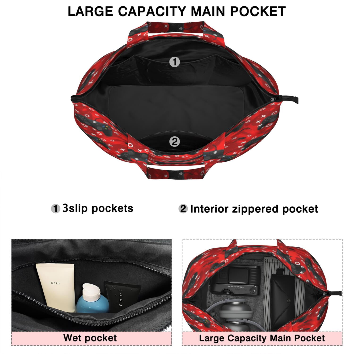 Black Controllers Games Icons Red Pattern Travel Tote Bags for Women Carry On,Large Weekender Bags for Women Travel,Multi Functional Duffle Bag for Work,Shopping,Sports