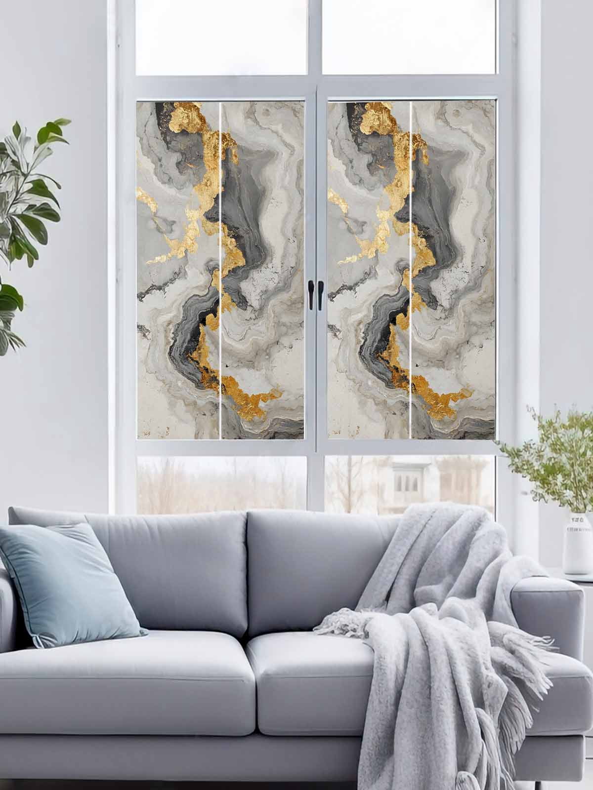 Non-Adhesive Static Cling Window Tint, Grey Ombre Marble Window Privacy Film Frosted, Golden Gray Marble Crack Abstract Art Insulated Windows Frosted Films for Living room, 35.4 x 78.7 Inches