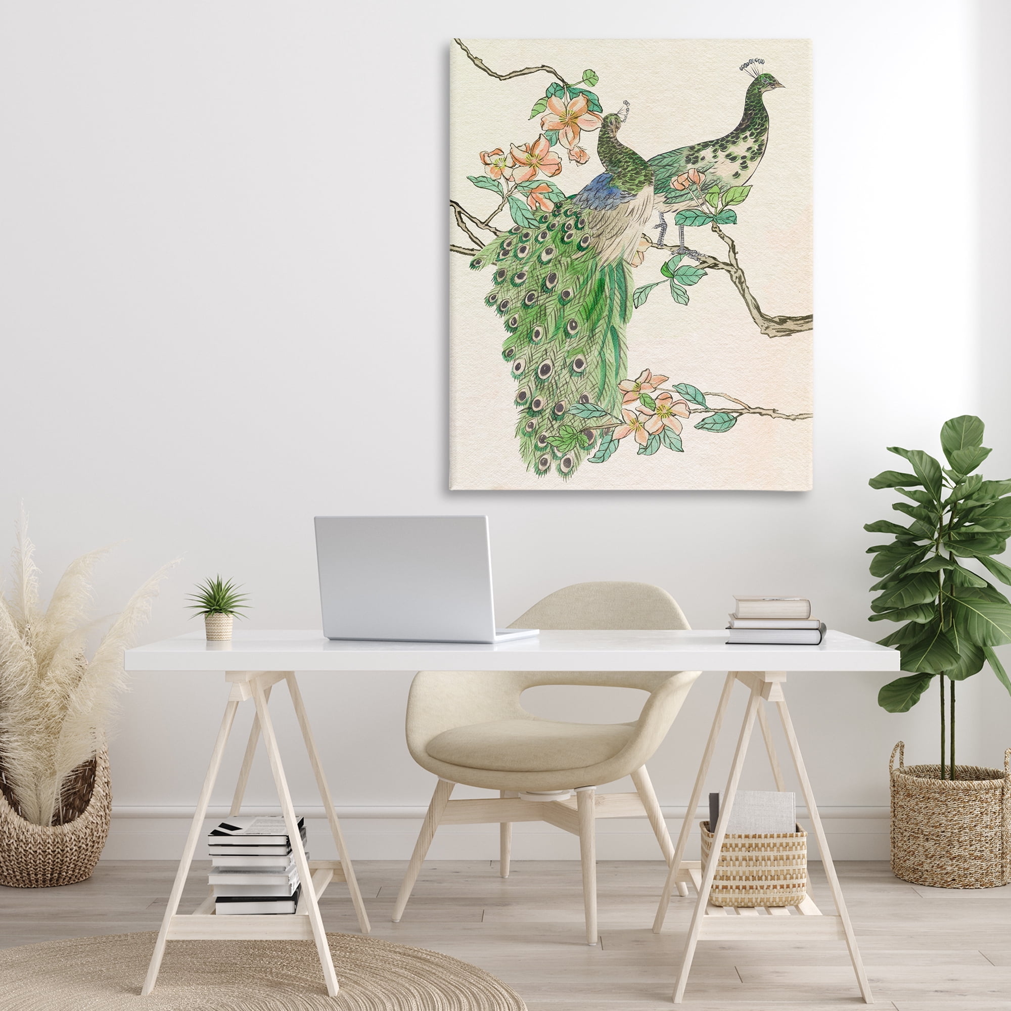 Stupell Industries Peacock Pair on Branch Animals & Insects Painting Gallery Wrapped Canvas Art Print Wall Art, 36 x 48