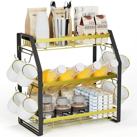 Coffee Bar Organizer for Countertop, Mug Cup Holder Stand Multi-Functional 3 Tier Coffee Bar Station Organizer for Kitchen, Storage Rack with 8 Hooks, No-Screw Mounting (Gold & Black)