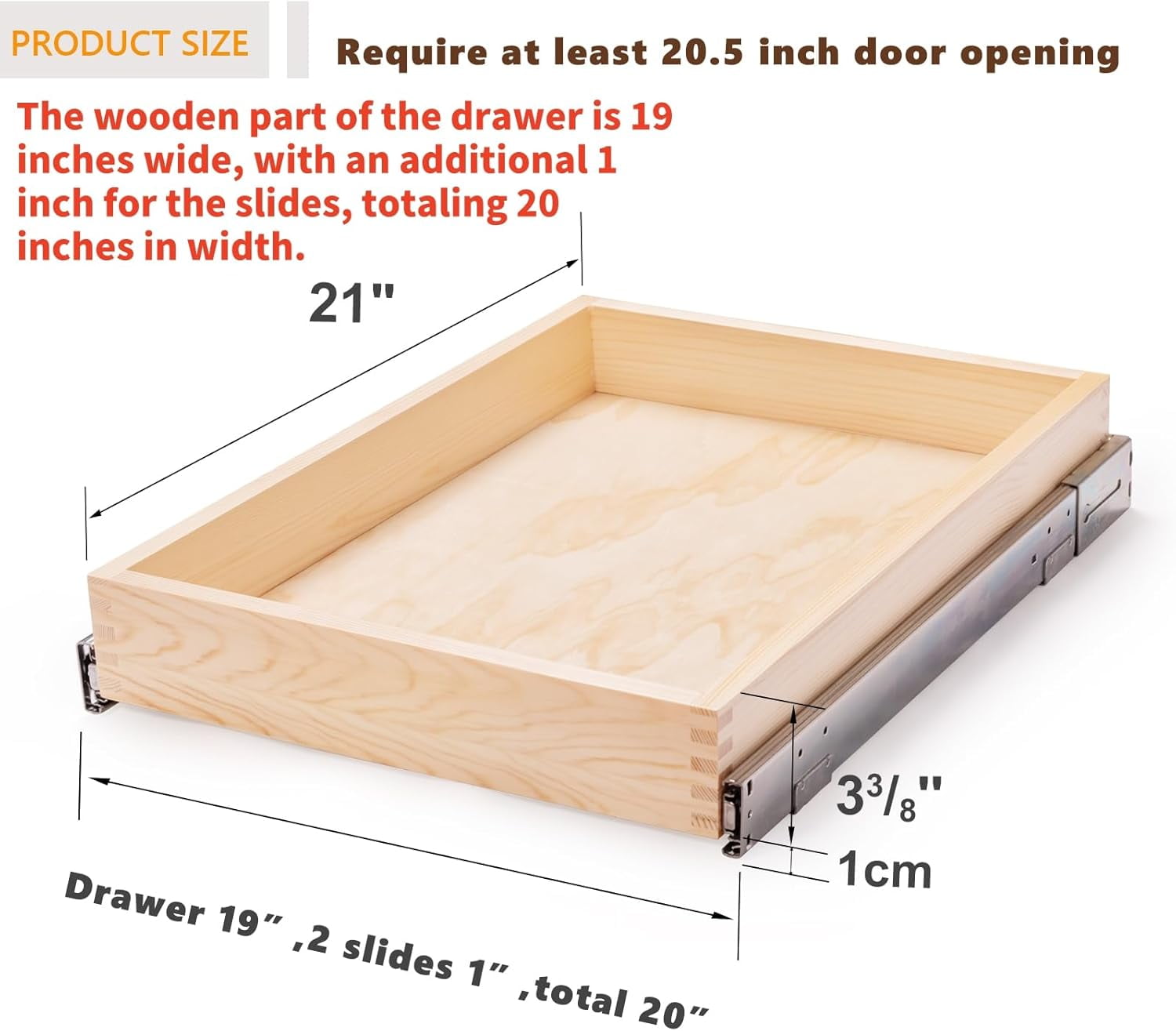 Pull Out Cabinet Drawer, 11”W x 21”D Soft Close Slide Out Wood Drawer Organizer for Kitchen, Finished, Bottom Assembly (Wood Drawer Part is Width 10'')
