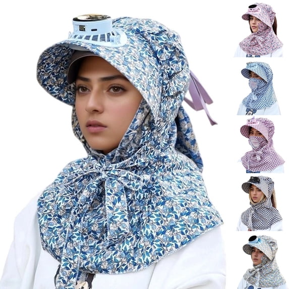 FUZHIQ Solar Fan Hat for Women, Wide Brim UPF 50+ Sun Hat with Full Face & Neck Cover Cooling Hat for Gardening Camping Beach Cycling Summer Outdoor,A