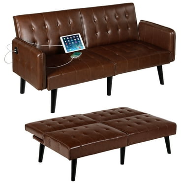 Coewske 63'' Faux Leather Convertible Futon Sofa Bed Sleeper Tufted Folding Couch w/ 2 USB Ports Brown