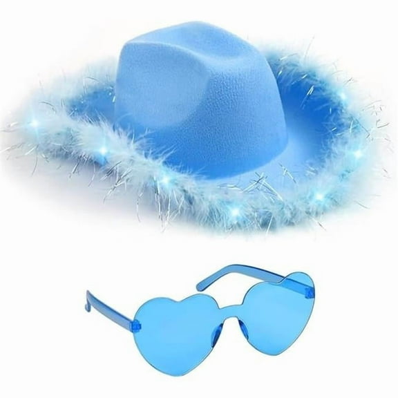 Funcredible Light Up Cowboy Hat for Women | Blue Holographic Space Cowgirl Hat with Glasses