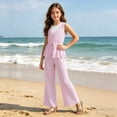 thumbnail image 6 of FRSASU Girl's Summer Striped 2 Piece Set Casual Bow Tie Vest and Wide Leg Linen Pants Matching Set Beach Vacation Outfits Pink, 6 of 6