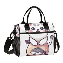 FORMRS Insulated Lunch Bag Unisex Large Capacity with Shoulder Strap, White Cute Cat