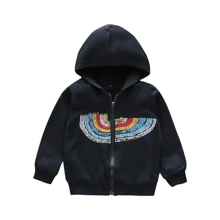 

TFEOQRY Fashion Girls and Boys Hooded Sweatshirts Casual Rainbow Printed Zipper Outerwear Long Sleeved Hooded Jacket Navy