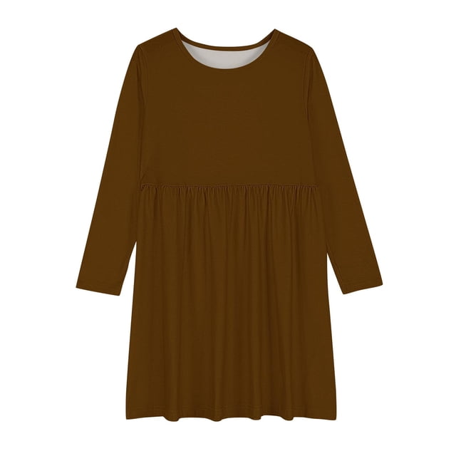 Bwiyojiz Tailles Mode 120-170 Robe à Manches Longues à Col Rond Filles Ligne Extensible Tournoyante Patineuse École Récital, 4 Ans, Cadeaux pour la Famille, Brun