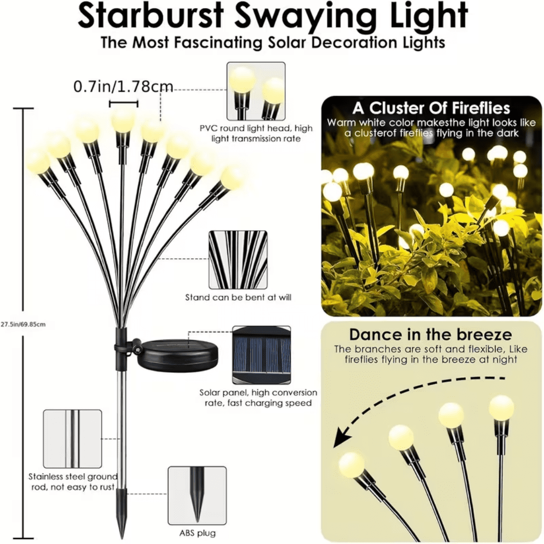 10 Solar Garden Lights Outdoor, Firefly Solar Lights, Wind Swing, Ip4x Waterproof Solar Outdoor Lights, Suitable For Courtyard Garden Decoration, Parties, Christmas Decoration (Warm White)