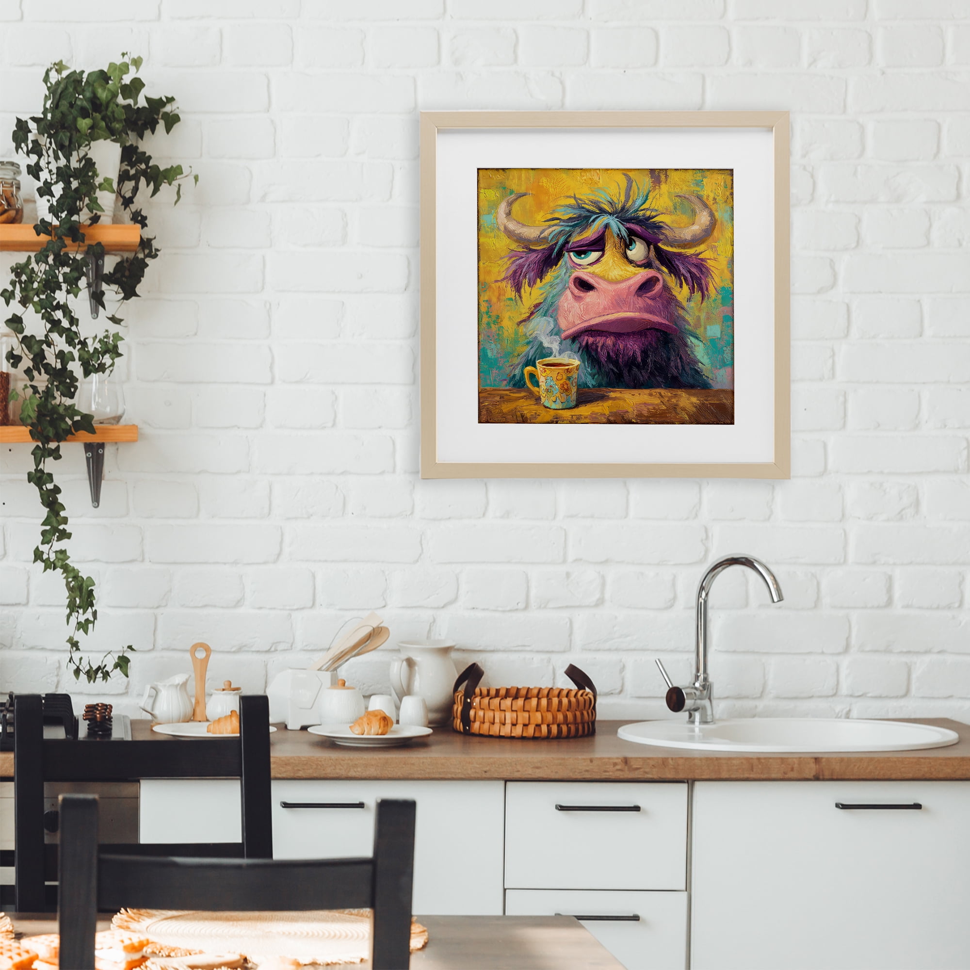 Stupell Industries Grumpy Cow & Mug Birch Framed Print Under Glass, design by The Wands Want